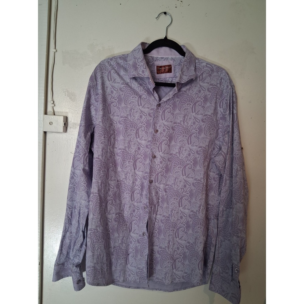 Consequence Mens Large Lilac Purple Paisley Long Sleeve Button Down Dress Shirt